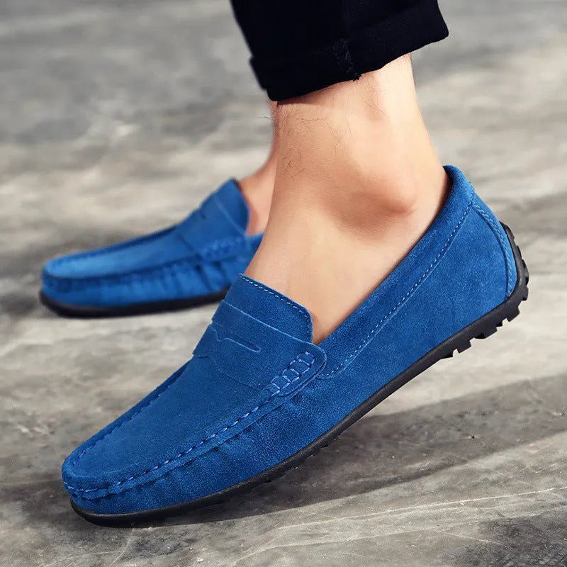Men's suede casual slip-on shoes in black with round toe and flat rubber sole.