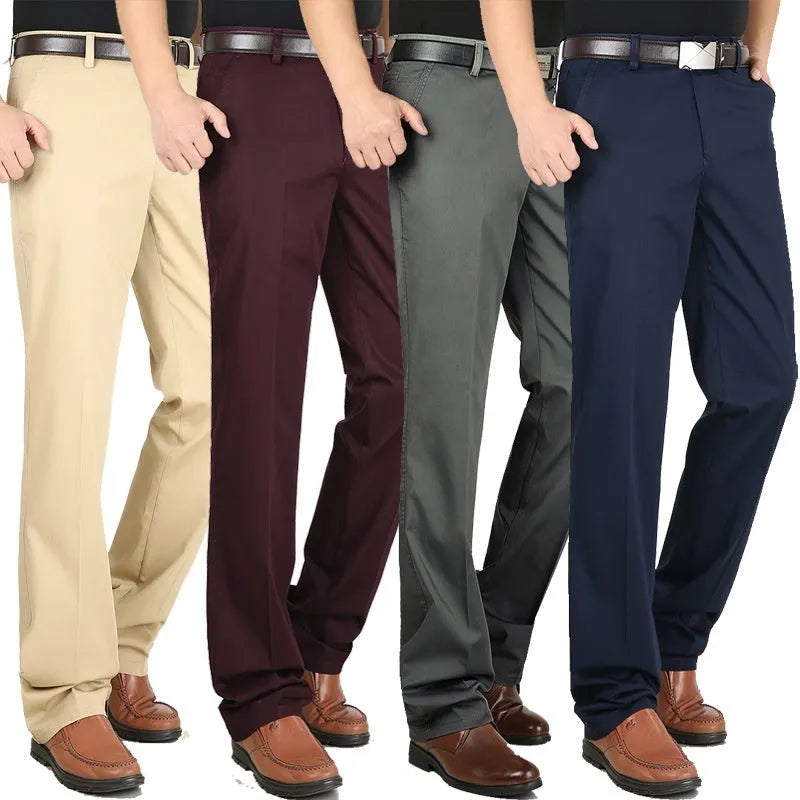 Men's elastic cotton high waisted loose trousers in creamy white, front view, sizes 29 to 44