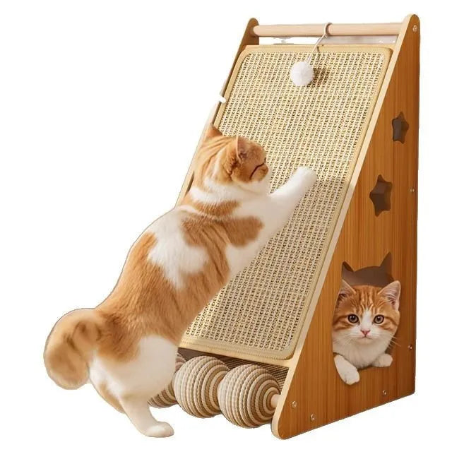 Vertical wall-mounted cat scratch board with hemp rope and teasing ball accessory