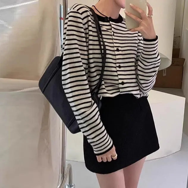 Women's French-style striped cardigan coat in dark grey with white stripes, slim fit design