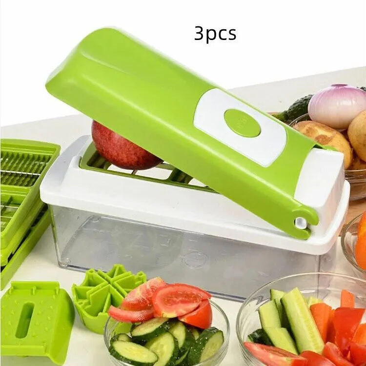 Green 12-piece multifunctional vegetable chopper set with stainless steel blades, manual handheld design, on kitchen countertop