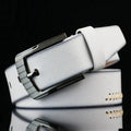 Men's retro-style patterned imitation leather belt with pin buckle in black, white, and brown colour options