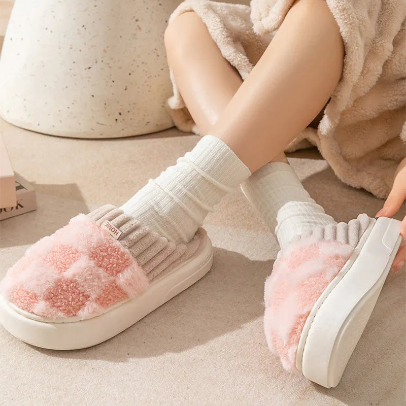 Women's plaid plush slippers in grey with a coral velvet upper and textured non-slip PVC sole.