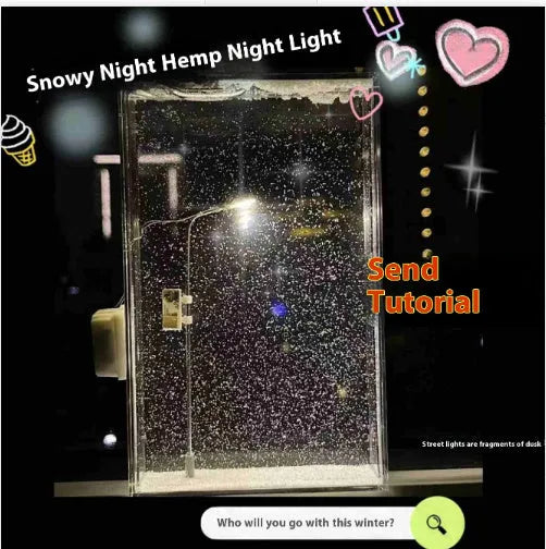 DIY material kit for building a snowy landscape night light with small street lamp and LED effects.