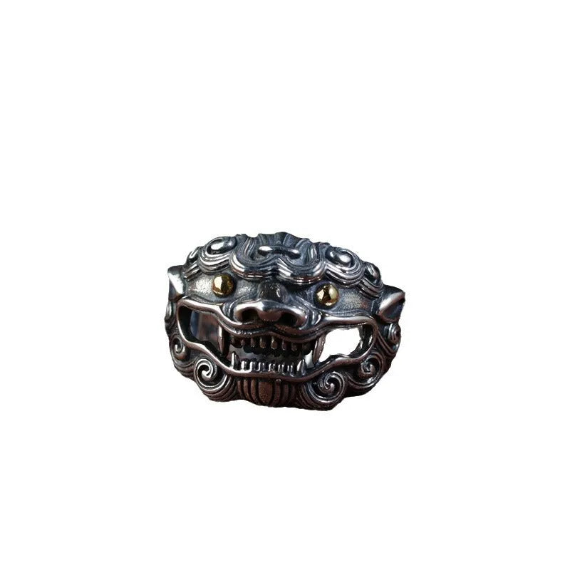 Silver open ring with detailed Jibeast animal zodiac pattern modelling in a retro style.