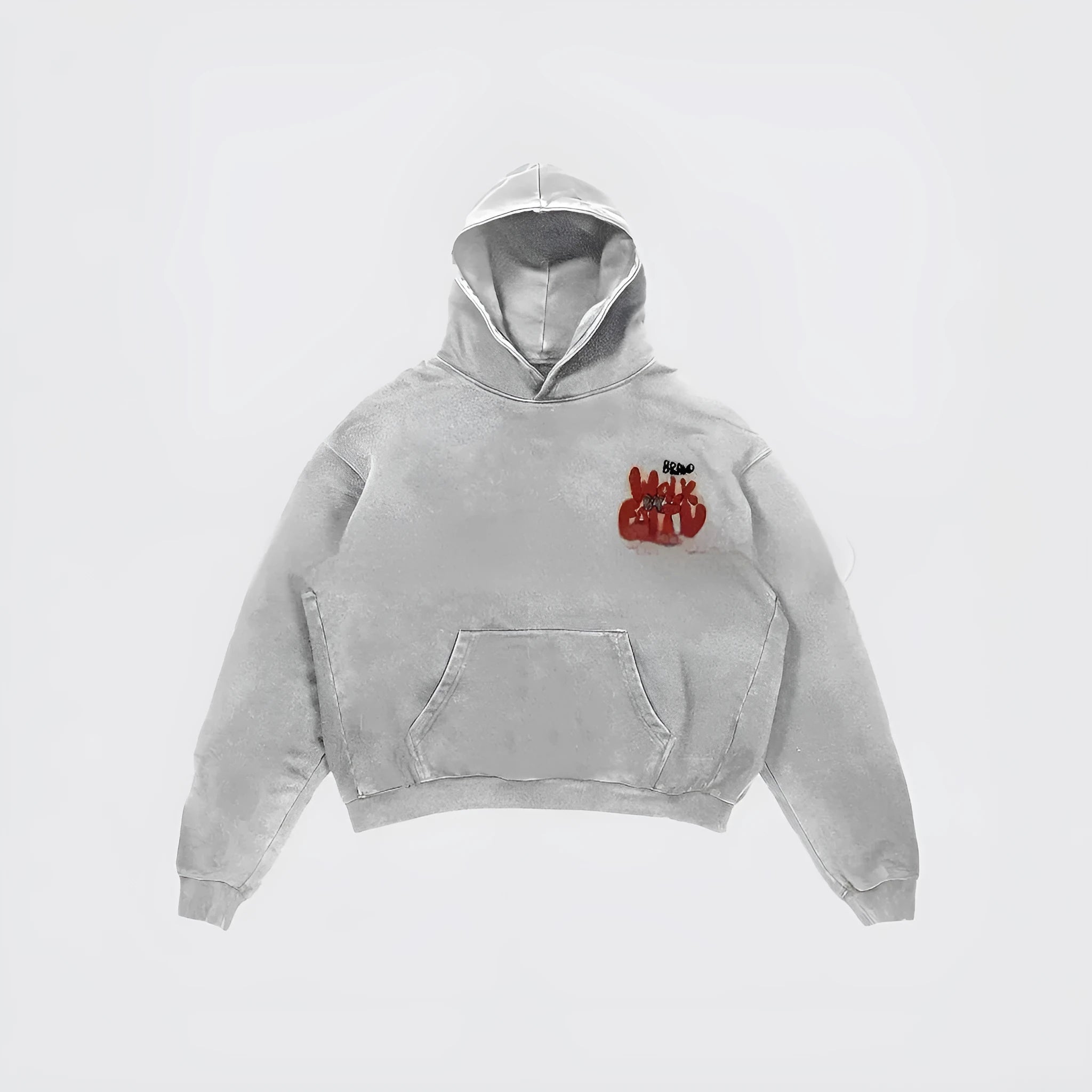 Granny Grey women's hoodie with black character letter print, long sleeves, and a front pocket.