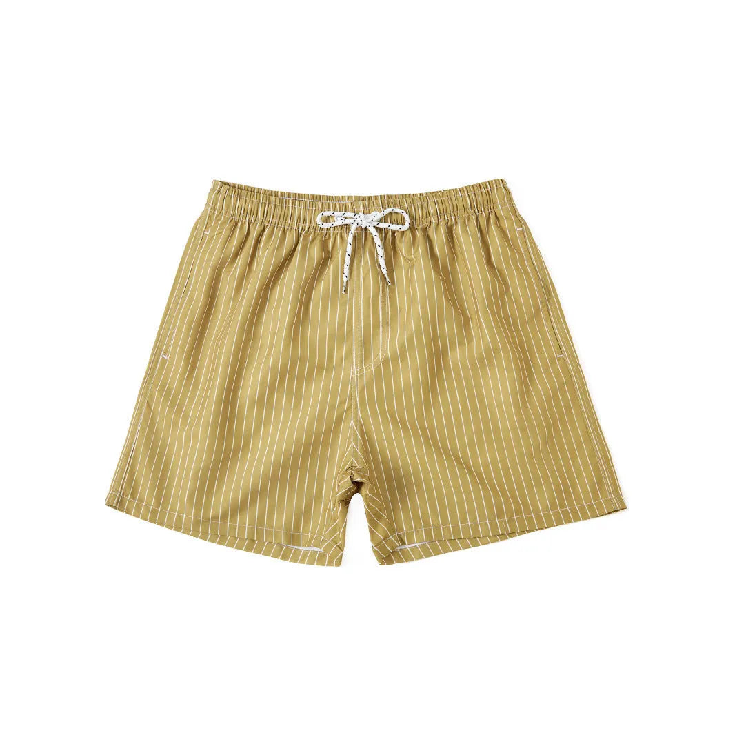 Polyester fibre beach shorts with straight leg and striped patterns in navy blue, grey, khaki or light blue