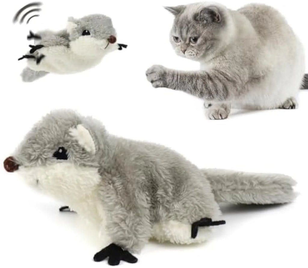 Grey plush flapping squirrel cat toy with motion sensor and USB charging unit
