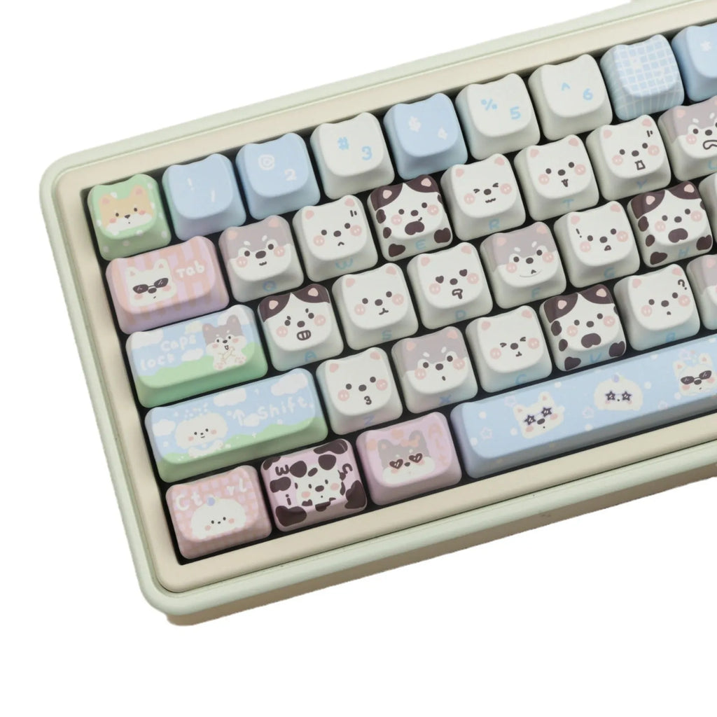 Full set of PBT key caps with cat and puppy sublimation artwork for mechanical keyboards