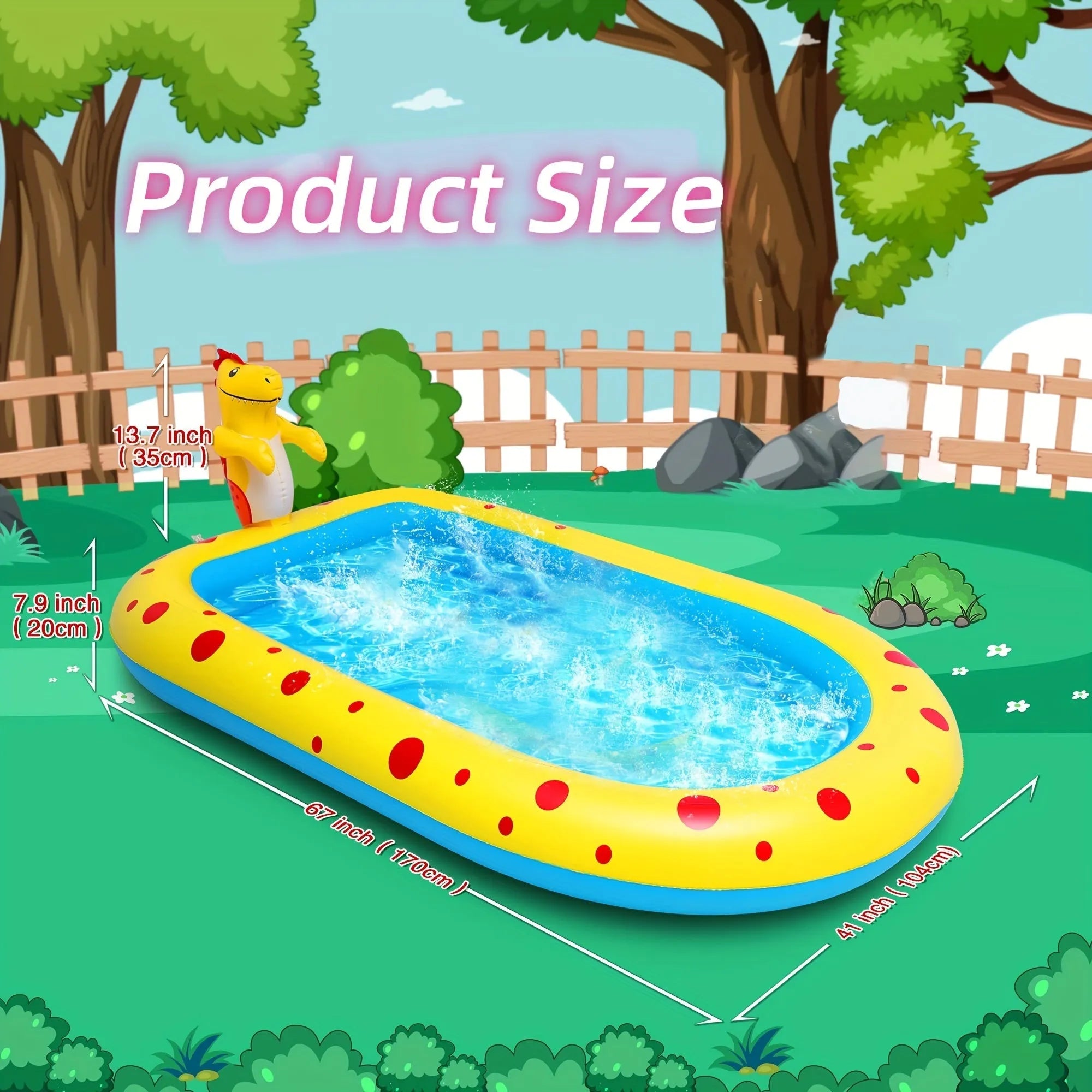 Blue dinosaur-shaped inflatable water spray pool with shark toy inside, placed on garden grass