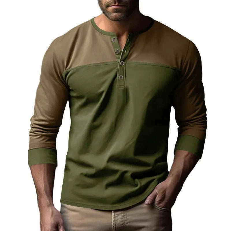 Retro long-sleeve Henry collar casual shirt with colour-matching collar and beaded twill fabric, solid colour, pullover style
