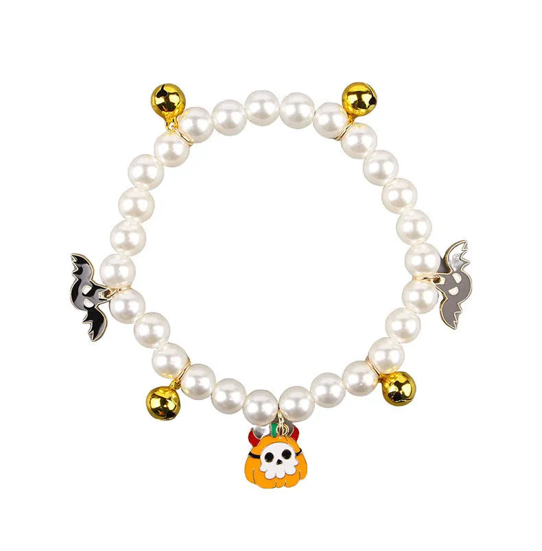 Halloween cat collar decoration with simulated pearl beads in pumpkin designs