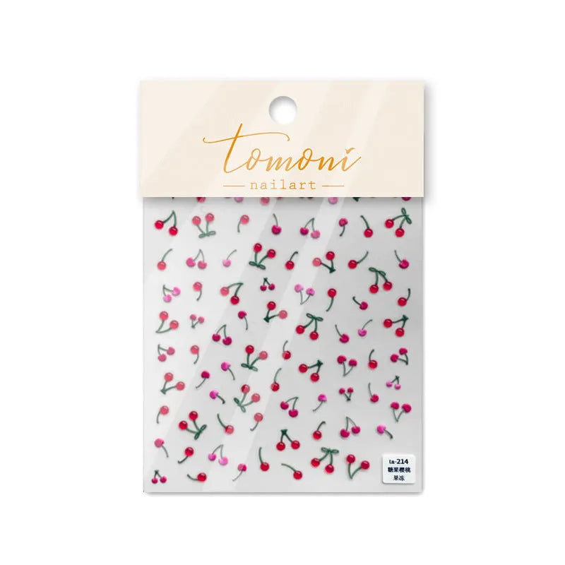 Jelly nail art sticker sheet with multiple cartoon cherry designs on a clear plastic backing