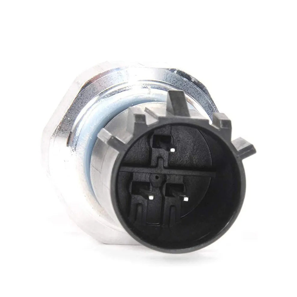 Silver-coloured automobile fuel pressure sensor with cylindrical design and electrical connectors