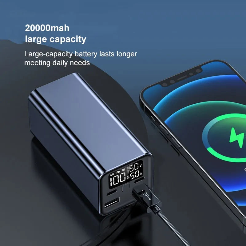 Super fast charging metal power bank with 20000mAh capacity and 65W output in black, blue, or grey colours