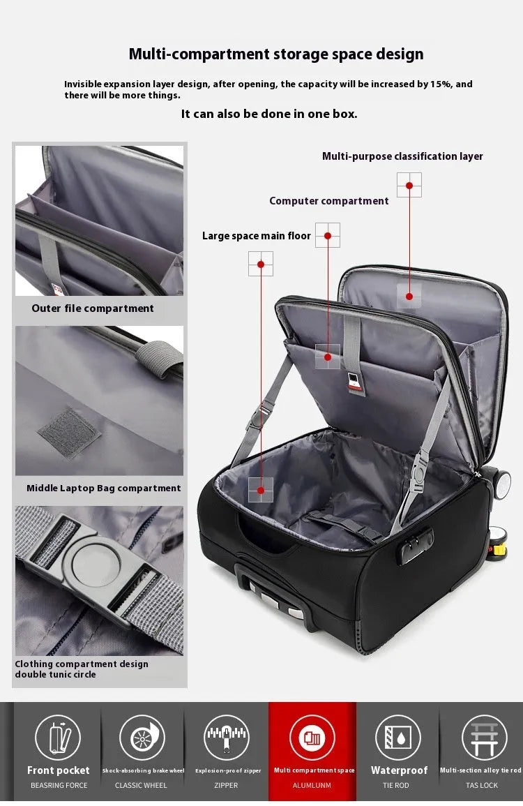 Black 18-inch Oxford cloth business suitcase with telescopic handle and universal wheels.