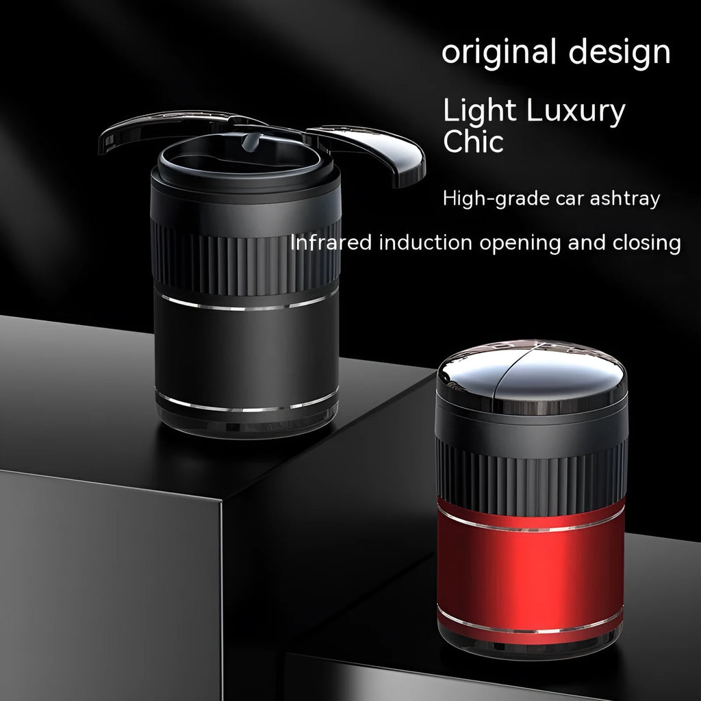 Metal smart infrared car ashtray with lid in black, 113mm size for vehicle use