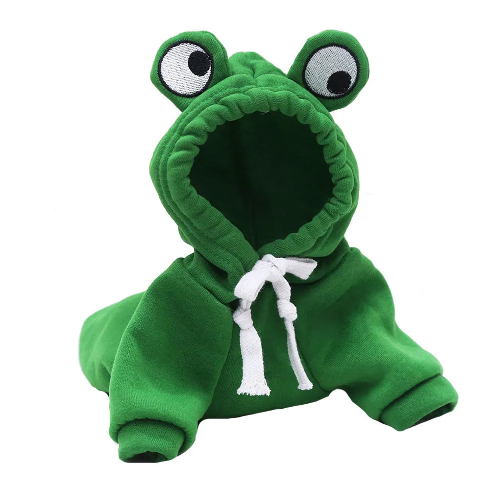 Green frog costume pet hoodie for small dogs and cats with soft fleece fabric in autumn setting