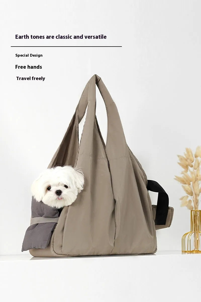 Apricot cloth pet carrier handbag showing dimensions of 41cm length by 16cm width by 28cm height
