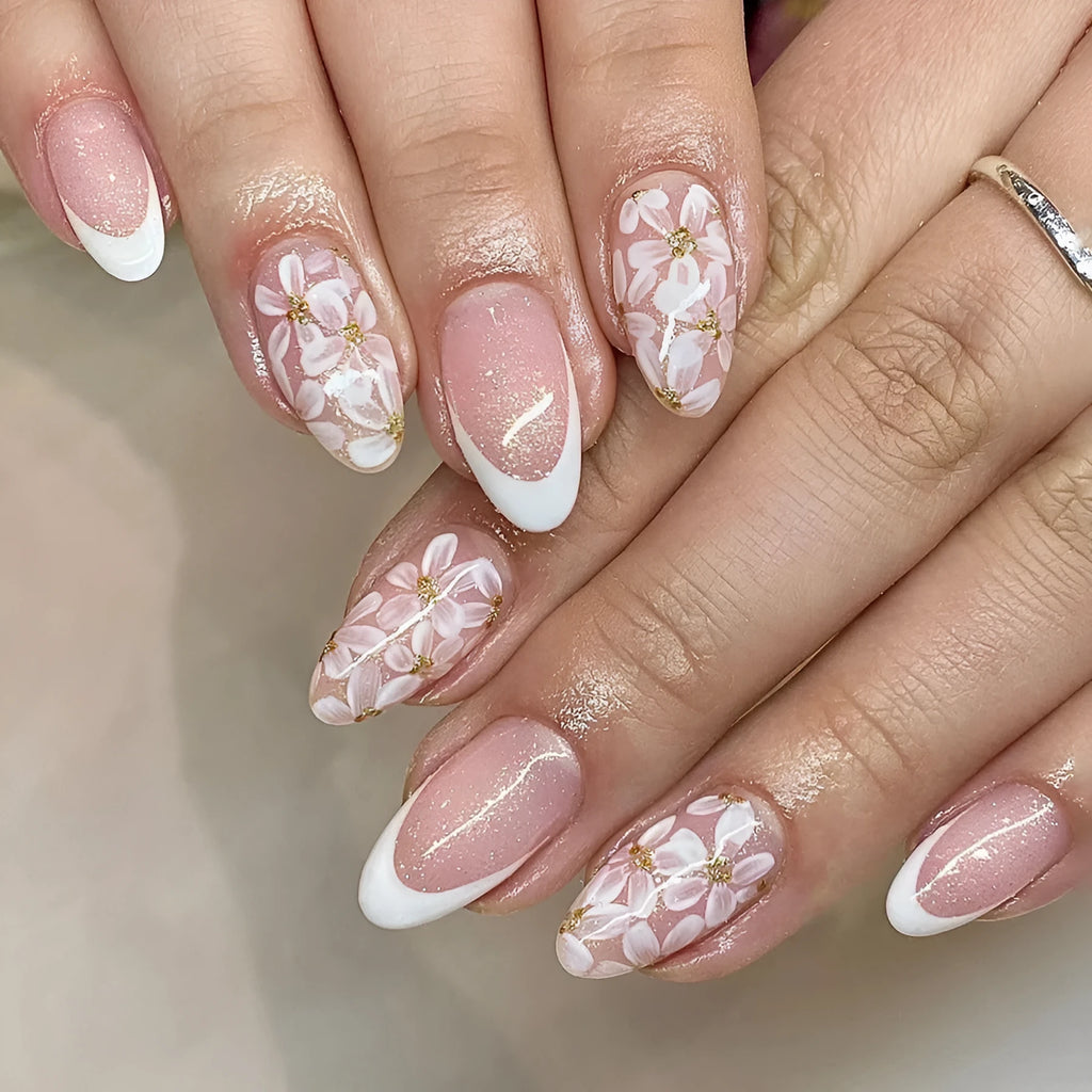 Removable artificial nails with French style glitter flowers on short almond shape in colour C625