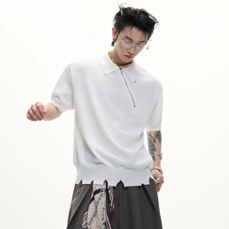 Men's black slim-fit knitted polo shirt with an oblique diagonal zipper and short sleeves.