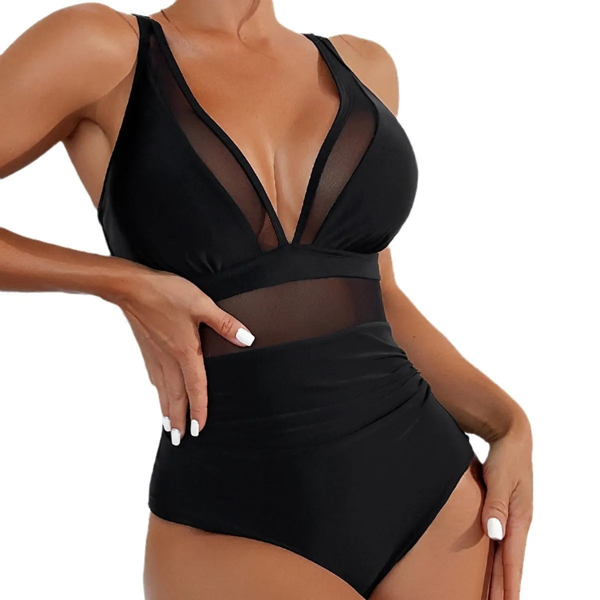 Black women's one-piece swimsuit with halter neck and mesh panel detailing.