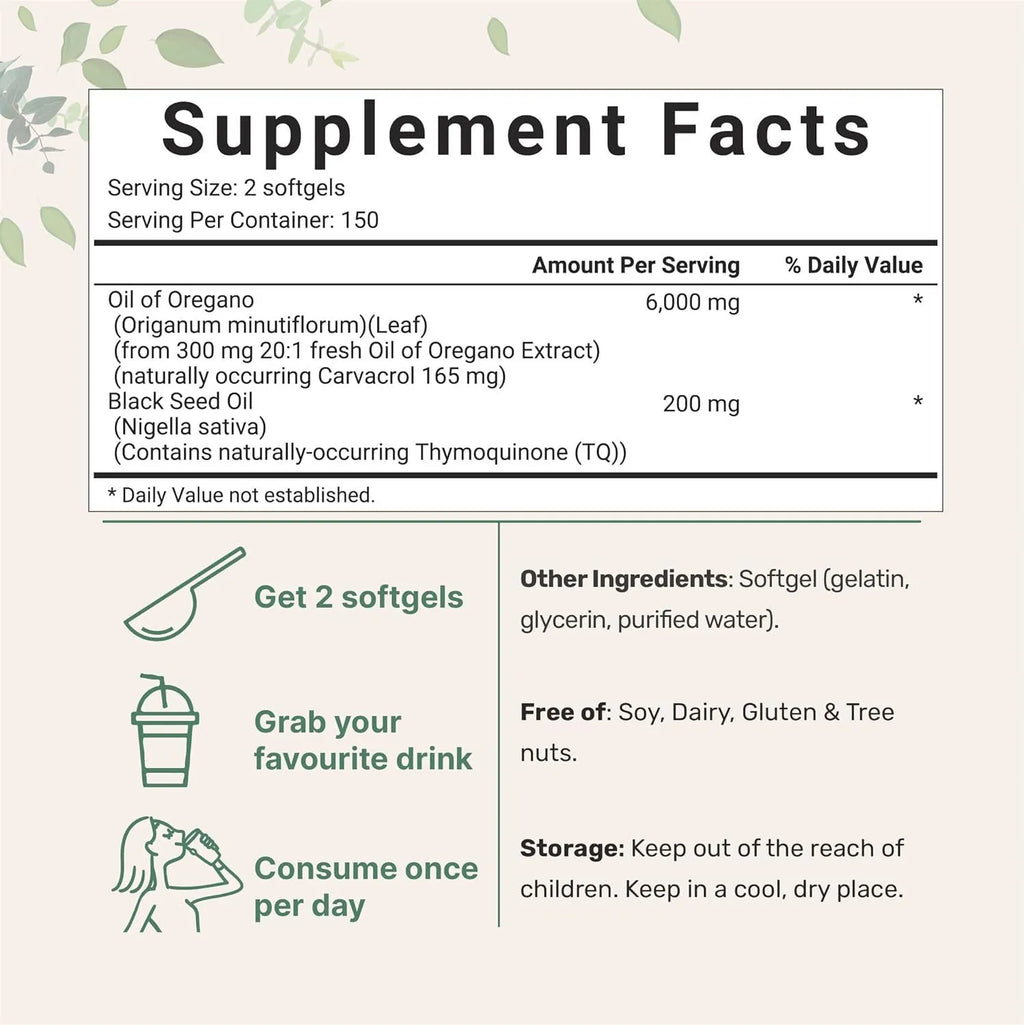 Pack of Butter Black Seed Oil Soft Capsules, 500mg per capsule, showing 180 or 300 count option.