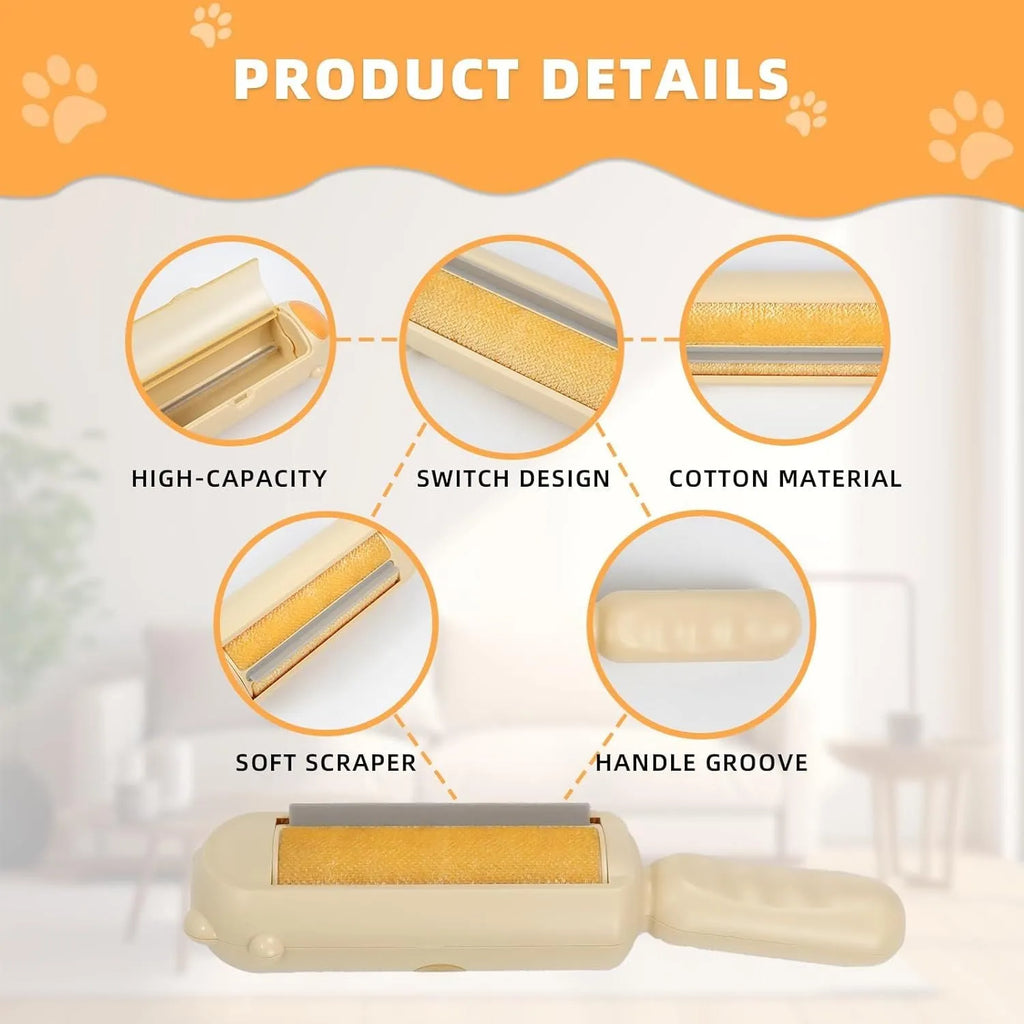 Blue pet hair remover tool with self-cleaning base on a sofa with dog fur