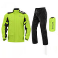 Motorcycle raincoat and rain pants suit with hidden shoe covers in storage bag