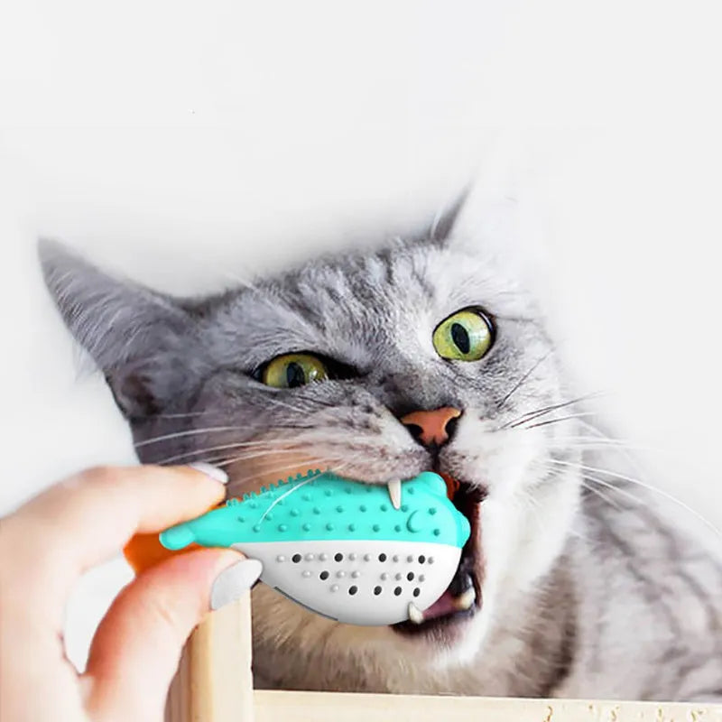 Silicone fish chew toy for cats with textured teeth cleaning surfaces and grabbing tail in four colour options