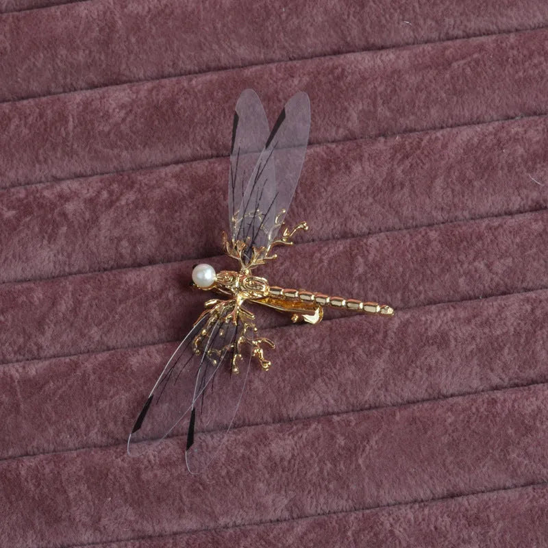European golden dragonfly side clip headdress in gold-tone alloy with electroplated finish for women