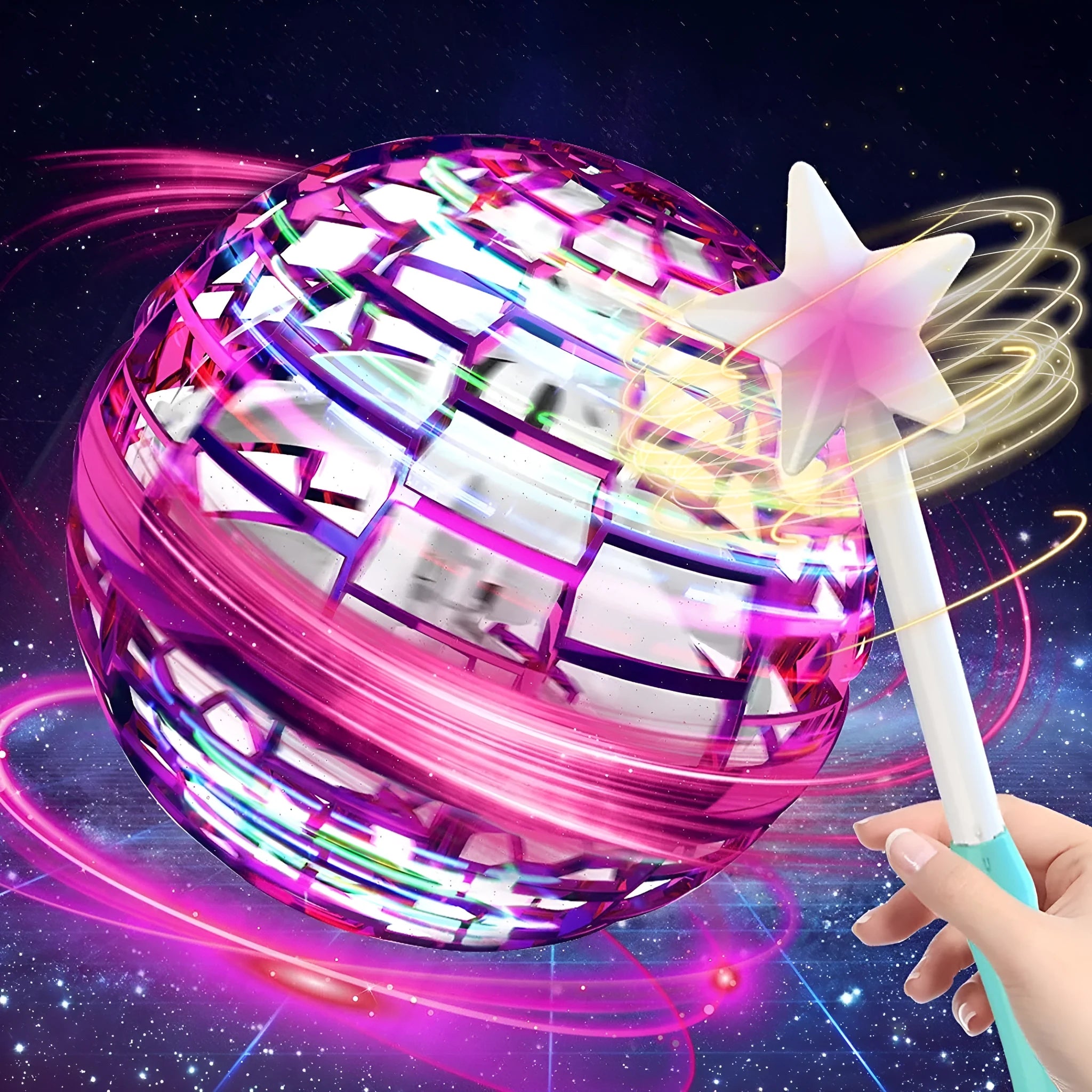 Blue flying ball spinning game with colourful LED lights levitating above hand with magic wand accessory