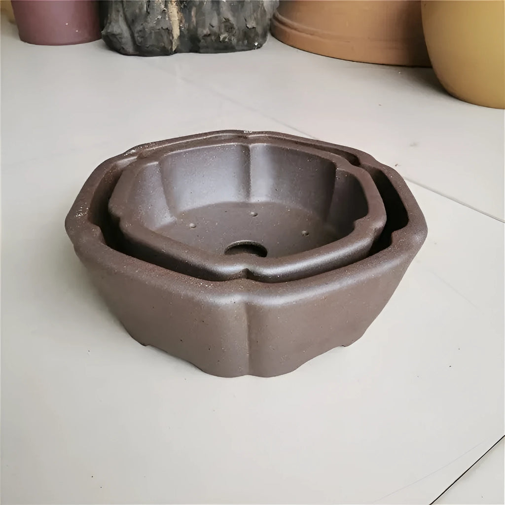 Large hexagonal purple sand flowerpot in brown, high temperature kiln baked, for indoor outdoor plants