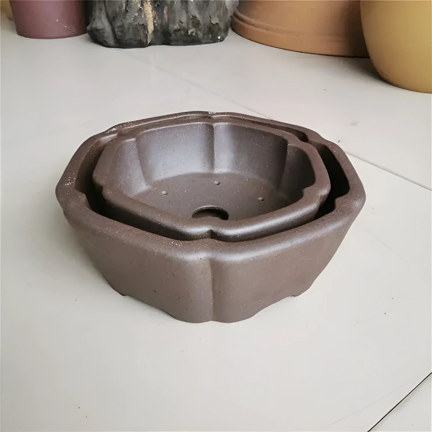 Large hexagonal purple sand flowerpot in brown, high temperature kiln baked, for indoor outdoor plants