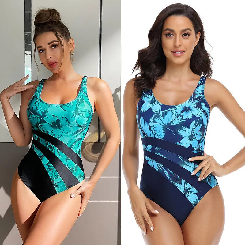 Women's conservative briefs style one-piece swimsuit in green or blue polyester fabric