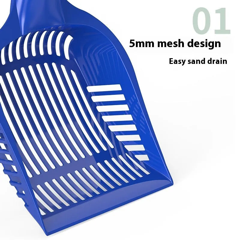Plastic cat litter scoop in red, yellow or blue colours showing small and medium size options