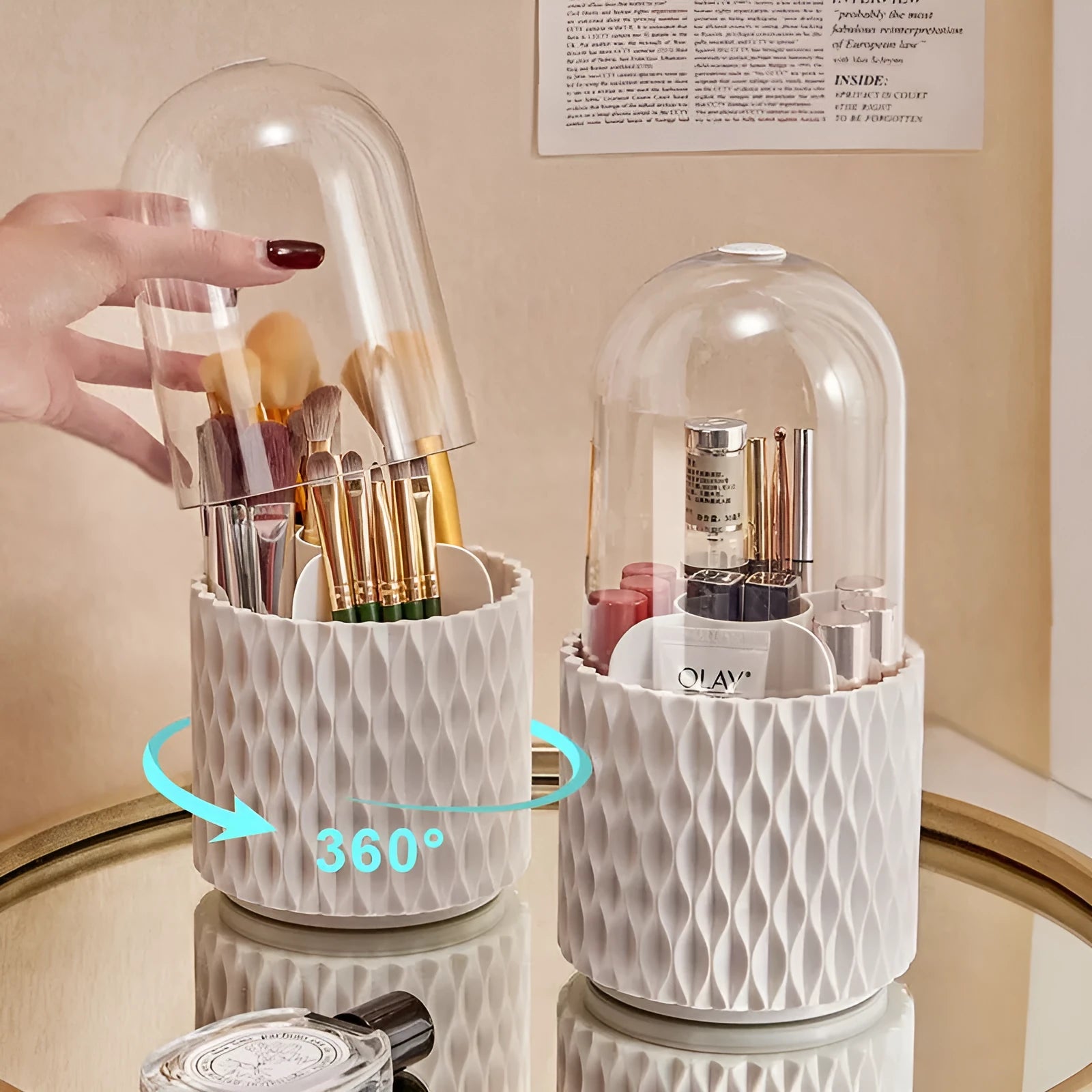 White acrylic makeup brush storage box with transparent dust cover and rotating design
