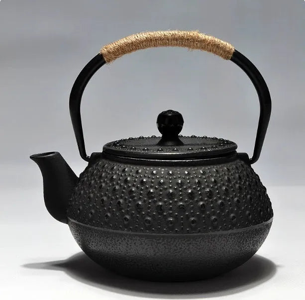 Traditional Japanese cast iron teapot with 0.9L capacity in bronze finish featuring pine needle pattern
