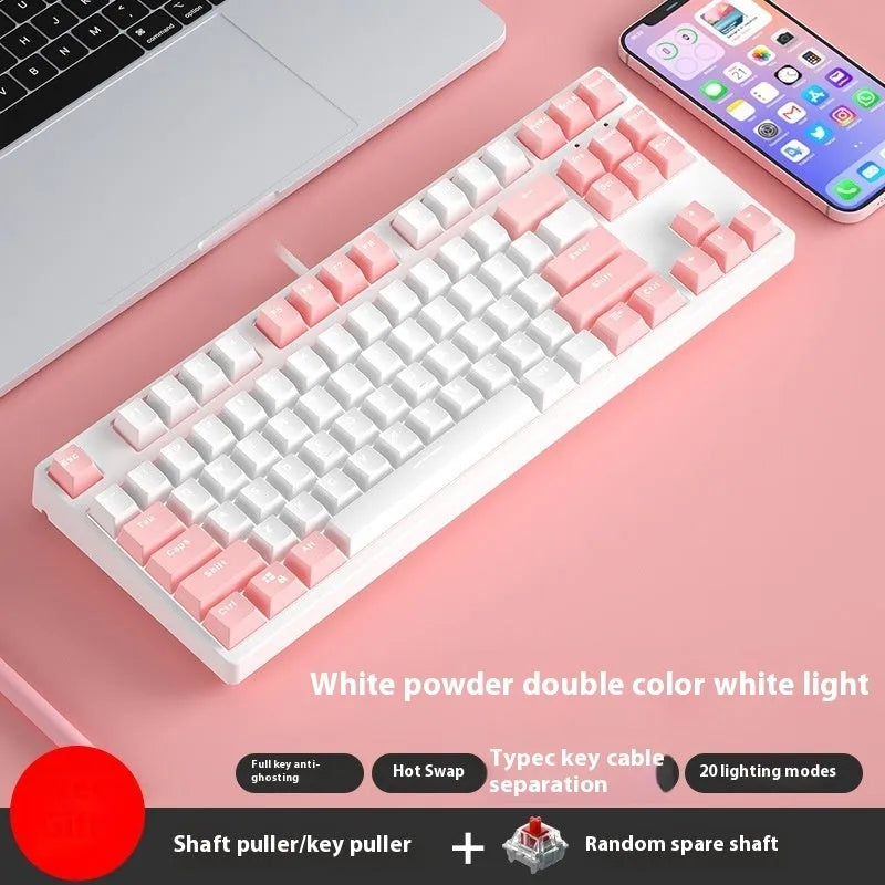 87-key wired mechanical gaming keyboard with colourful keycaps on a metal frame, shown with key puller and cable.
