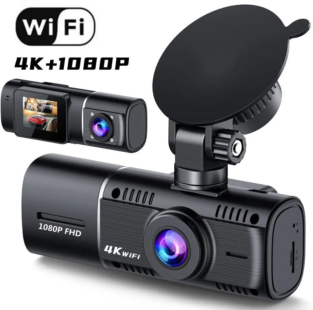 Standard black dual dash cam unit with 1.5-inch screen, shown with car charger and mounting stand.