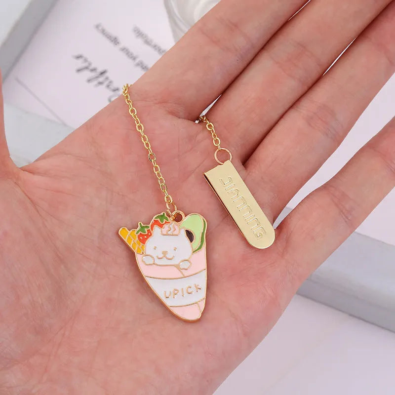 Jane Key Foodie Cute Pet Cat metal pendant bookmark with laminated card, four design options shown.