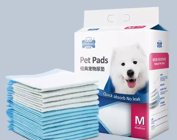 Pack of thickened dog urine pads showing available sizes S, M, L, XL and variant options like lemon scent and bamboo charcoal.