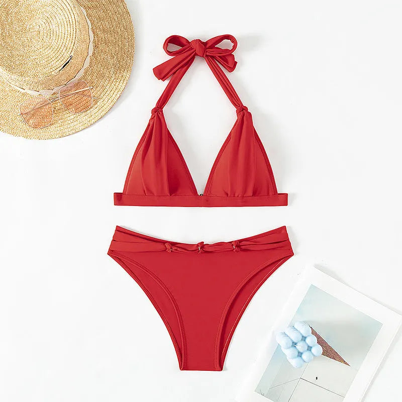 Red women's lace-up halterneck split beach bikini with top and shorts set