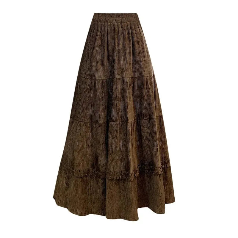 Corduroy A-line midi skirt with elastic waistband in beige colour, showing Korean-style urban design