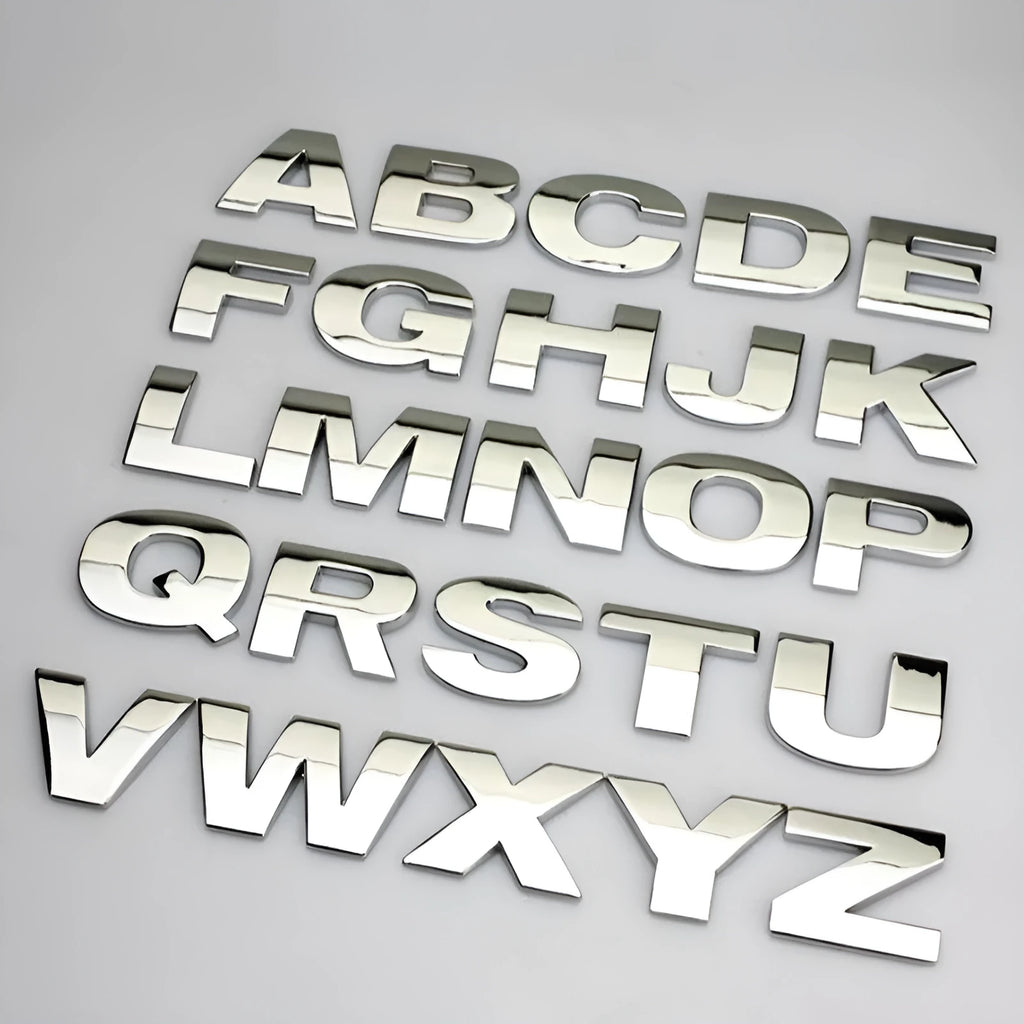 3D metal car letter stickers in zinc alloy showing raised alphabet letters for vehicle customisation
