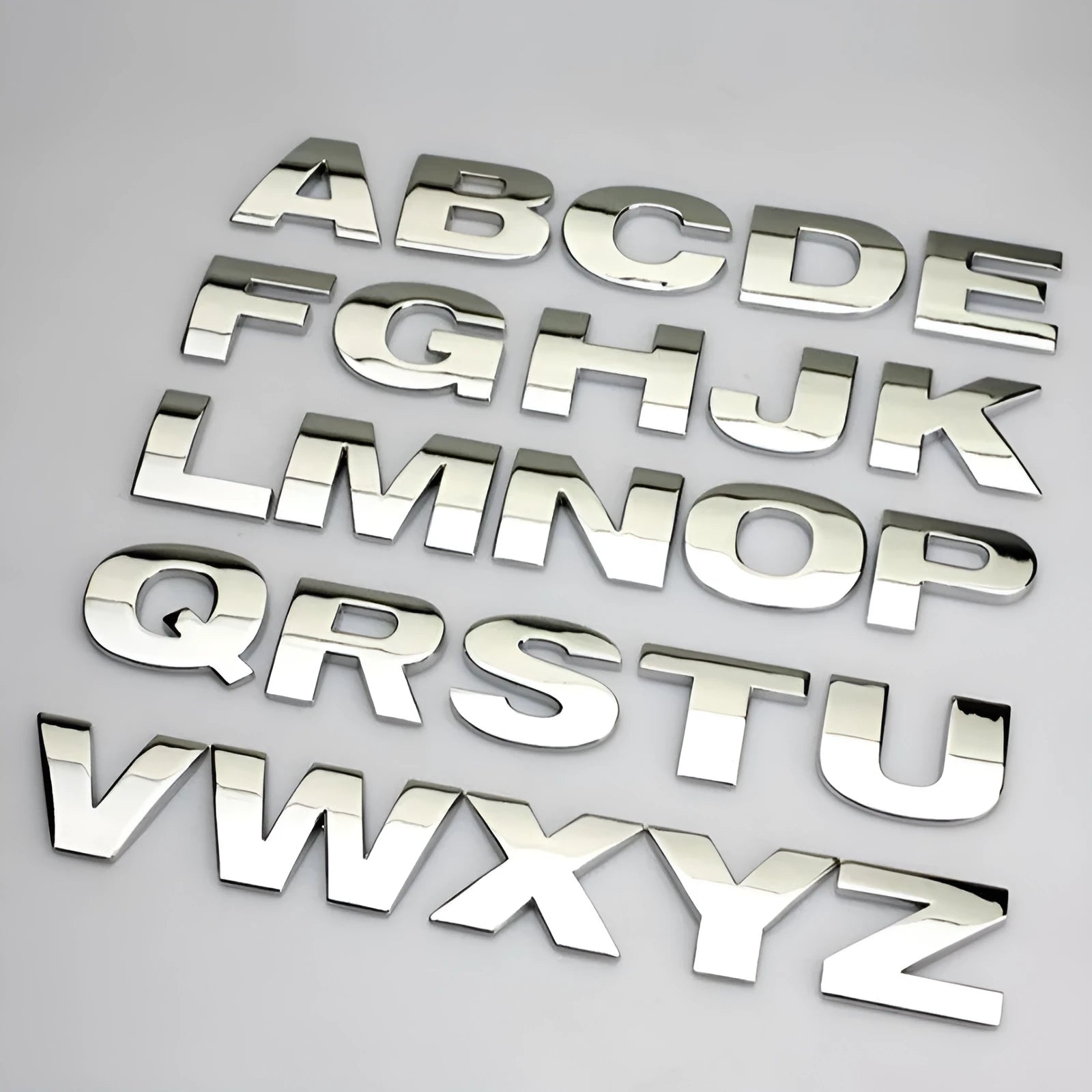3D metal car letter stickers in zinc alloy showing raised alphabet letters for vehicle customisation