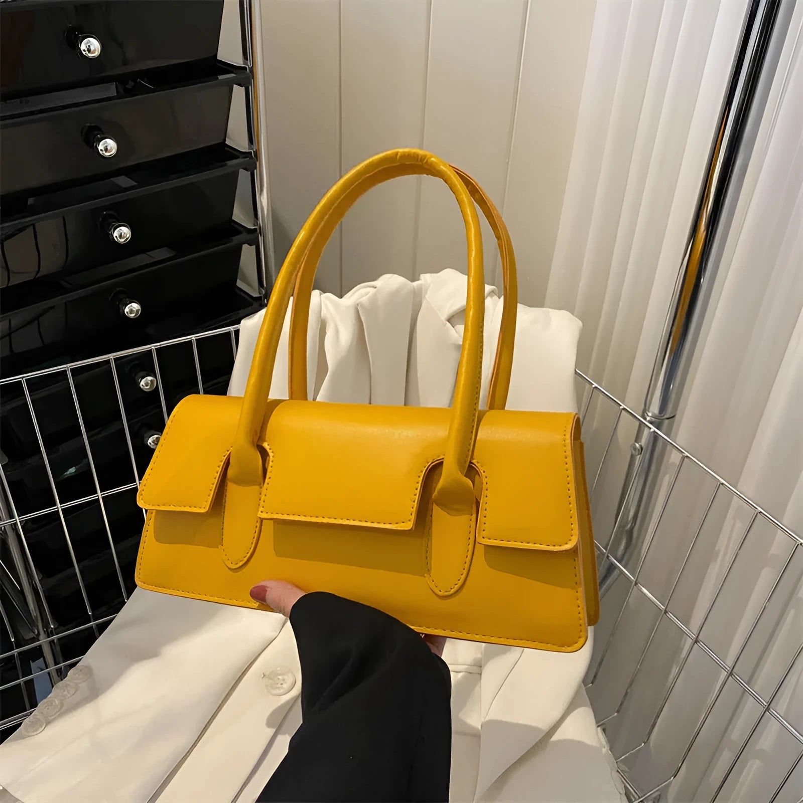 Women's retro style small square shoulder bag with document pocket and single strap in four colour options