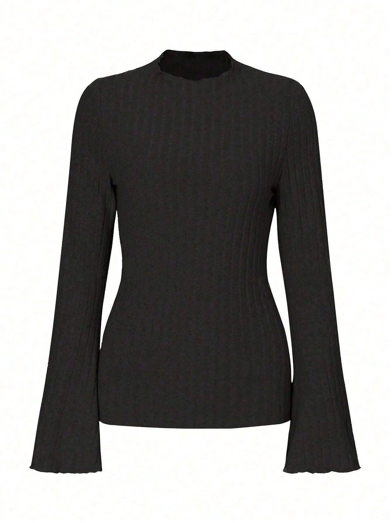 Men's black slim fit long sleeve top with lantern sleeves and round neck.