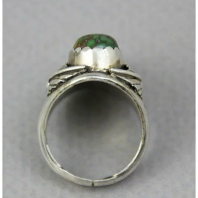 Women's geometric turquoise ring with inlaid design on metallic electroplated alloy band