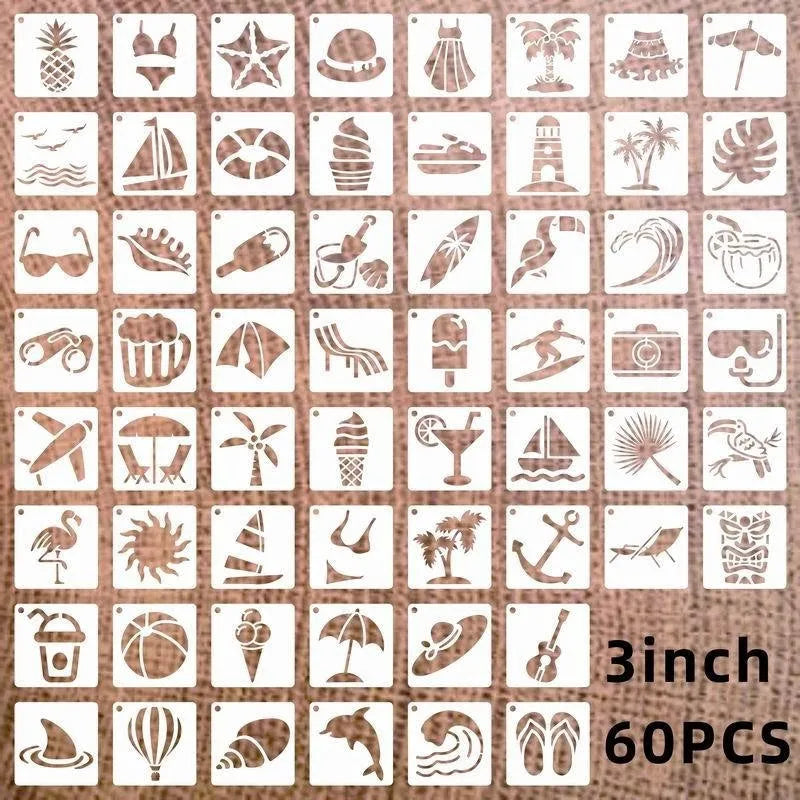 Milky white PET film spray painting stencils showing floral, animal, and letter designs in 2-inch size